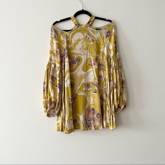 Free People Drift Away Printed Cold Shoulder Tunic Dress in Chartreuse - Picture 3 of 11